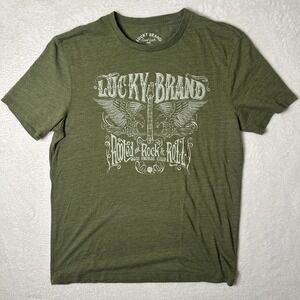 Lucky Brand Mens Shirt Green Graphic Tee Rooted In Rock & Roll Eagle Guitar M